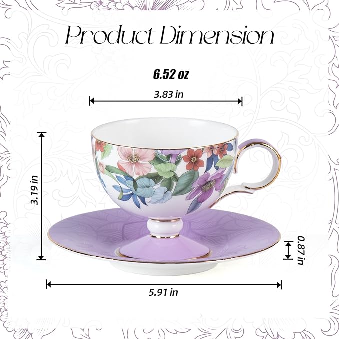 KAMMAK Ceramic Coffee Cups Saucers Set of 2, Porcelain Espresso Cups with Saucers, 6.52 oz Handmade Elegant Bone China Tea Cup, Ceramic Floral Pattern Demitasse for Latte, Americano, Cappuccino