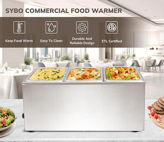 SYBO Food Warmer Commercial Grade Stainless Steel Bain Marie Easy to Clean Steam Table for Buffet Catering and Restaurants, ETL, CE ROHS Certified for Commercial, Safety (3 Sections)