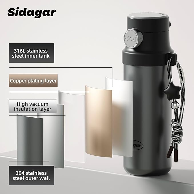 18 oz Insulated Water Bottle, Stainless Steel Travel Mug with Lid, Double Wall Vacuum Sports Water Bottle, BPA Free, Leak-Proof, Fits in Car Cup Holder, Great for Men Kid School, Black