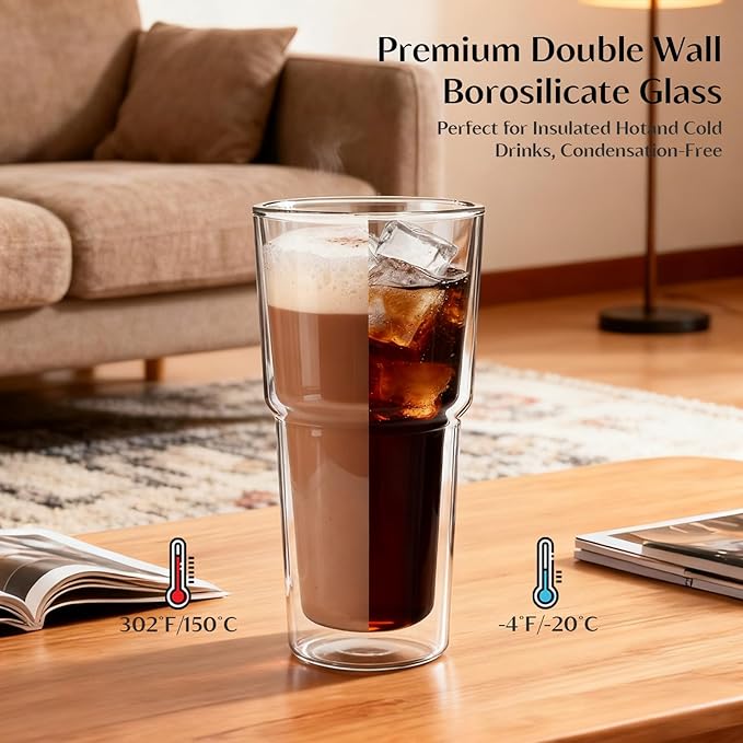 INSETLAN 20oz Double Wall Glass Cups Set of 2 – Borosilicate Glass Tumblers, Clear Insulated Glass Coffee Cups for Coffee, Cappuccino, Latte, Juice and Tea, Hot & Cold Resistant