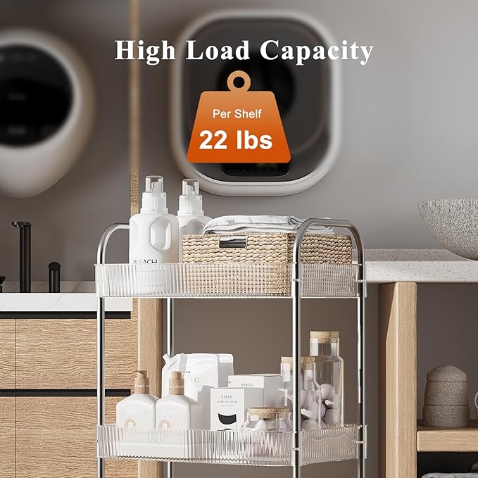 3 Tier Rolling Cart with Lockable Wheels, Clear Acrylic Utility Trolley with Handle, Heavy-Duty Storage Organizer for Kitchen Bathroom Nursery Laundry - Snack Book Craft Organizer (Clear)