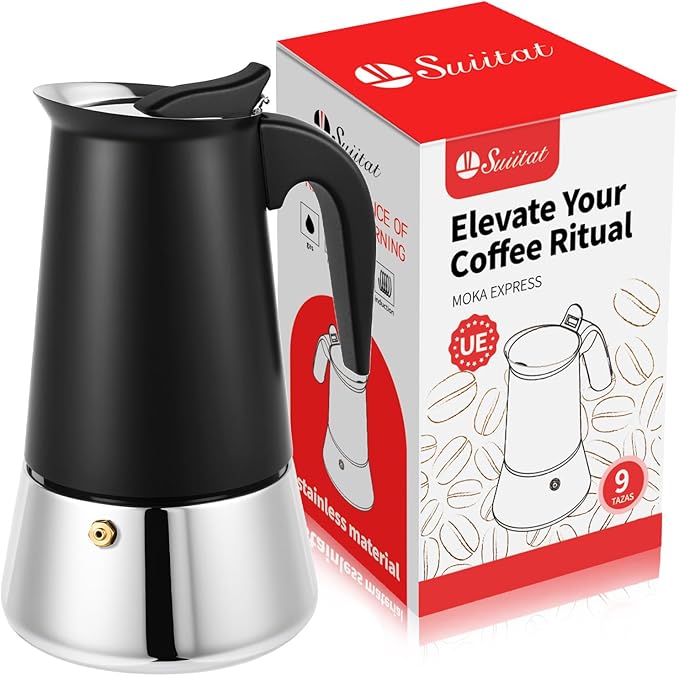 Suiitat Moka Pot, 9 Cups (15.9 oz) Stovetop Espresso Maker, 304 Stainless Steel Moka Pot, Induction Compatible, Black