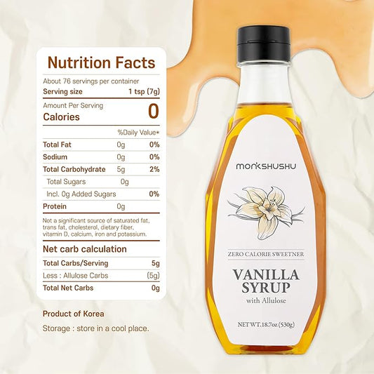 MONKSHUSHU Vanilla Allulose Syrup 18.7 Fl Oz for coffee, drinks - Keto Diet, Vegan friendly, Diabetes-Safe - Zero Calorie, Liquid type Sugar Substitute - Monk Fruit - Gluten Free, 0g Net Carbs, Non-GMO