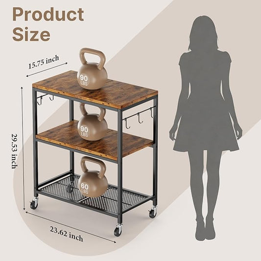 3 Tier Rolling Kitchen Microwave Cart with 6 Hooks, Utility Cart Storage Table Stand on Lockable Wheels, Small Coffee Shelf Rack Organizer,Brown