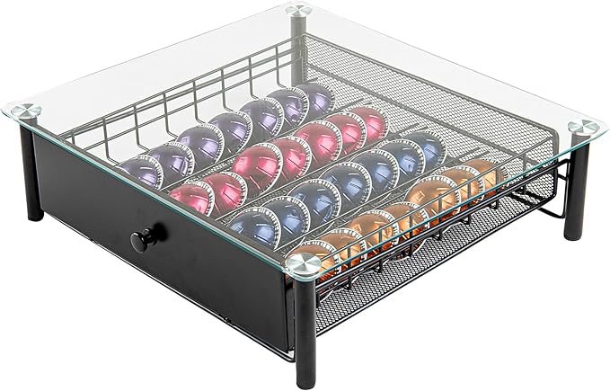 Restaurantware Restpresso 15.6 x 14.1 x 4.2 Inch Coffee Capsule Drawer 1 Heavy-Duty Pod Drawer - Holds 40 Nespresso Vertuo Capsules Glass Top Iron Espresso Pod Organizer Pods Not Included