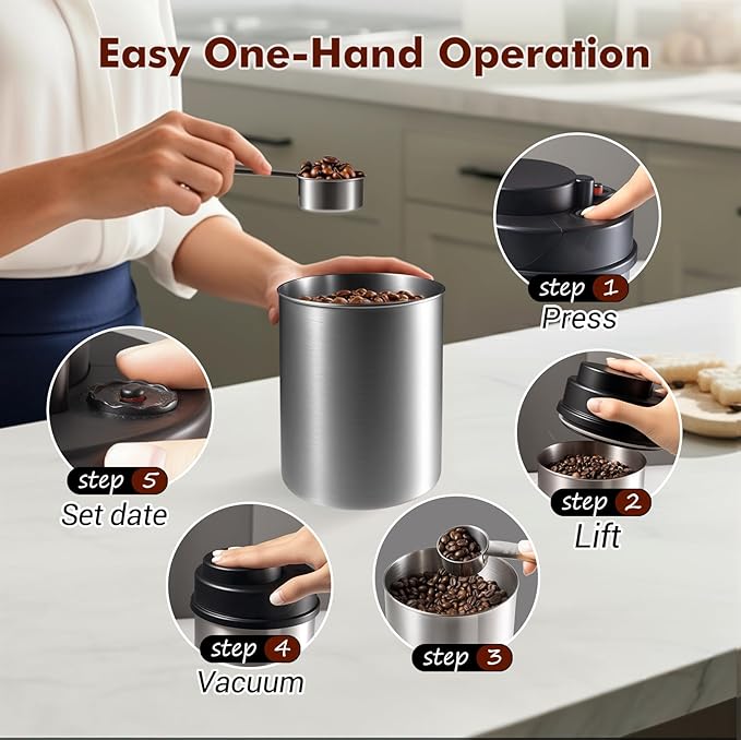 Vacuum Coffee Canister 18oz - Airtight Storage Container for Coffee Beans & Ground Coffee with Stainless Steel Scoop and Date Tracker, Blocks Moisture & Oxygen, Extends Freshness for Weeks