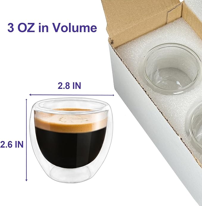 Double Wall Expresso Cups (Set of 2), 3 Ounce Glass Espresso Mugs - Clear, Double Walled, Insulated, Small Demitasse Cups for Espresso Machine - Microwave Safe