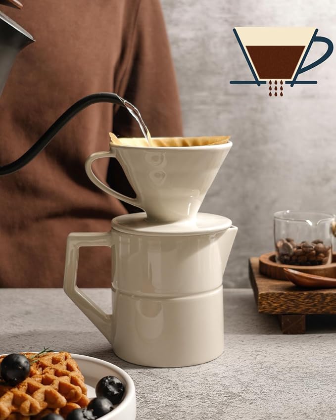 Pour Over Coffee Maker, Single Cup Ceramic Coffee Dripper, Reusable Filter Cone Drip Holder Slow Brewer with Hole Flat Bottom for Home, Office, Travel, Camping (White)