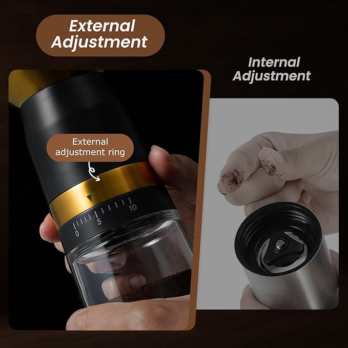 VEVOK CHEF Manual Coffee Grinder 10 External Adjustment Fashion Bean Grinder Stainless Steel Double Bearing Conical Burr Portable Hand Coffee Mill for Home,Camping,Gold