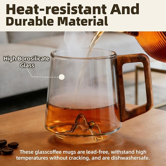 Gray Glass Slanted Coffee Cups with Wooden Handle, 15.2oz Large Glass Mugs with Handle, 3D Mountain Bottom Clear Coffee Mugs for Café & Tea Lovers, Vintage Style Wood Handle Mug for Home, Gift