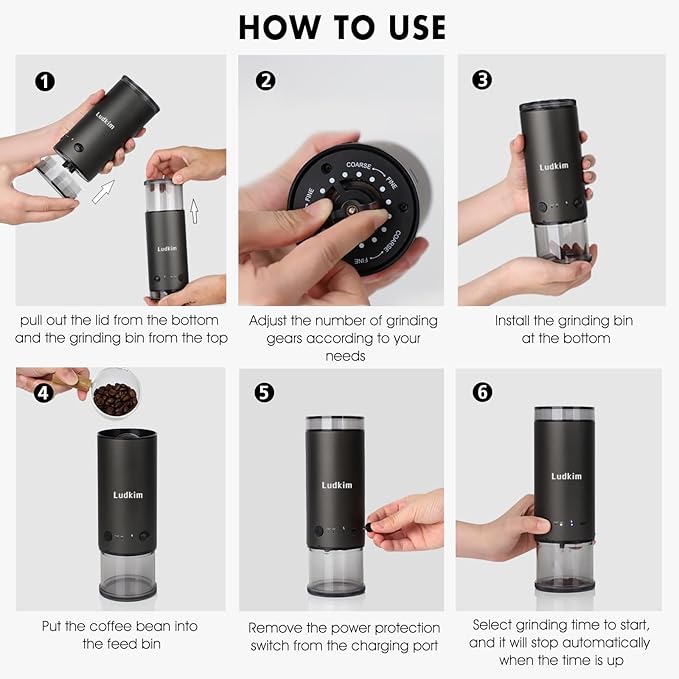 Ludkim Electric Burr Coffee Grinder, 80 Precise Settings Rechargeable Cordless - Conical Stainless Steel Grinder for Espresso, Drip, French Press, Portable for Travel & Home Use