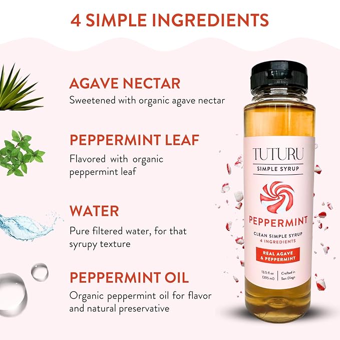 Peppermint Agave Simple Syrup for Coffee, Cocktails, Matcha - Sweetened with Agave Nectar - Infused with Real Peppermint Leaf - 13.5 oz