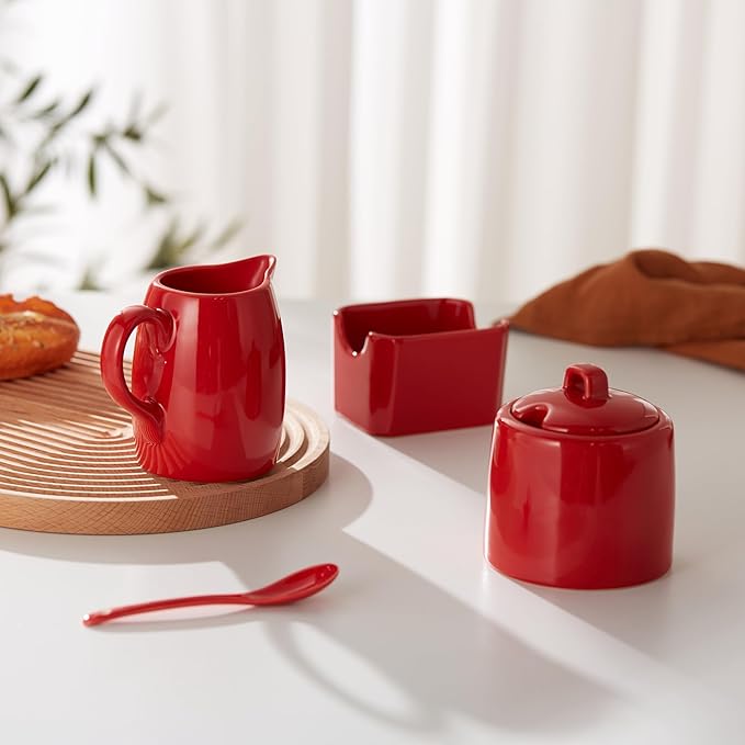 KooK Sugar and Creamer Set, 3 Piece, Pitcher, Sugar Bowl with Lid and Spoon, Sweetener Holder (Red)