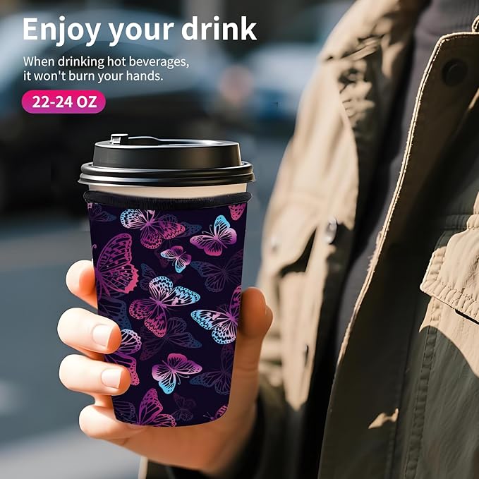 Reusable Neoprene Insulator Sleeve for Iced Coffee Cups, Medium 22-28oz Durable Drink Sleeve for Cold Beverages, Cute Beverage Holder Cup Sleeve for Women Men Cute Purple Butterfly