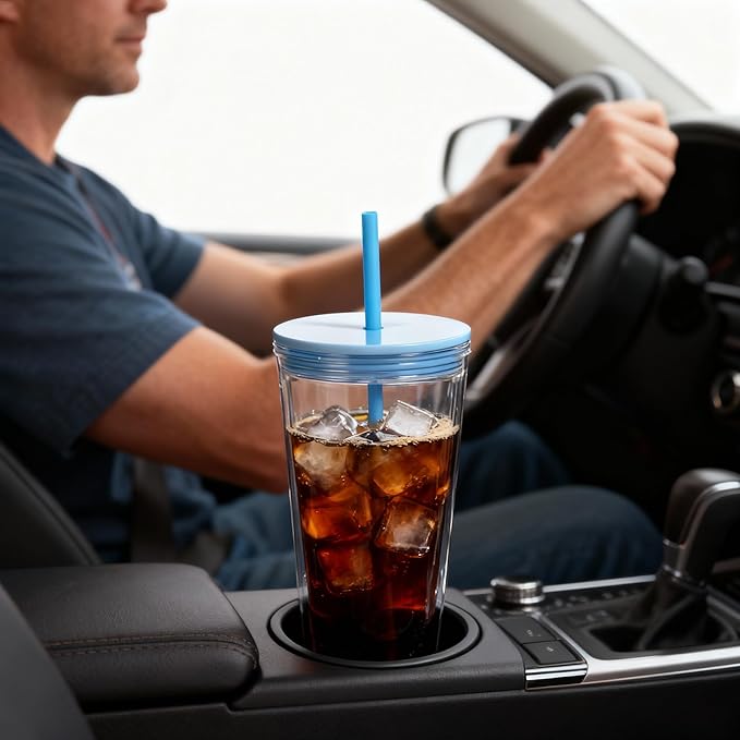 24oz Tumbler with Lid and Straw, Leak Proof and Double Wall Insulated Reusable Plastic Cups,Travel Reusable Iced Coffee Cup (1, Blue)