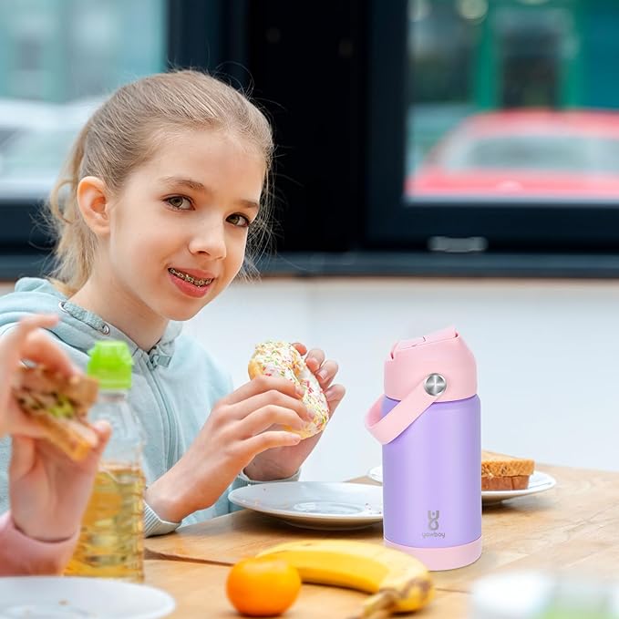 Kids Insulated Water Bottle with Straw Lid & Silicone Handle,12oz Kids Leak Proof Water Bottle for School Boys Girls,Double Wall Vacuum Stainless Steel with Non-slip Silicone Base(Light Purple)