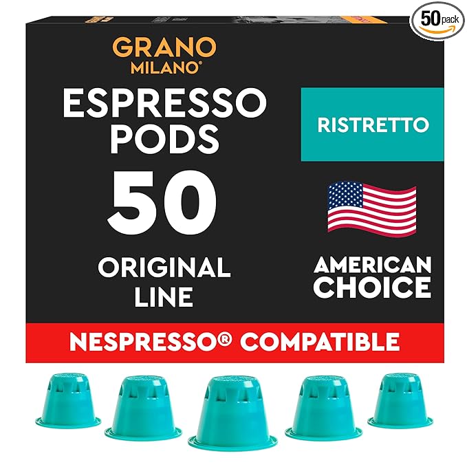Grano Milano Ristretto - 50 Espresso Pods Compatible with Nespresso Original line, Medium Roast - Intensity 10/12, Espresso Coffee Capsules Made in Italy