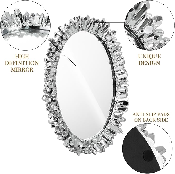 GUOER Vintage Antique Decorative Bathroom Vanity Decor Slivery Mirror Tray for Dessert Table Coffee Table Vanity Home Serving Tray with Handle (Slivery)