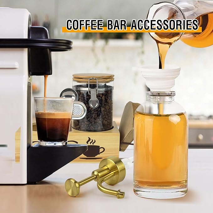 Coffee Container with Syrup Dispenser and Shelf & Spoon,40oz Air tight Glass Storage Jars and 16.9oz Glass Syrup Bottle,Coffee Bar Accessories for Kitchen Organization(1 Jar 1 Dispenser)