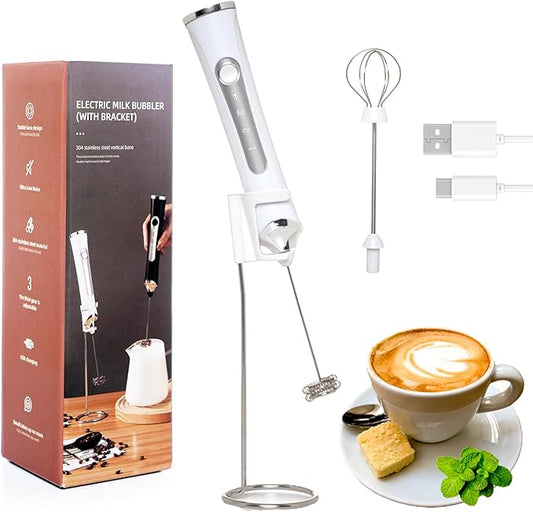Rechargeable Milk Frother Handheld For Coffee,3 Speeds Frother Wand With Stand, Batidora De Mano Electrica,Coffee Frother With 2 Heads,Drink Mixer Electric Handheld,Kitchen Essentials (White)