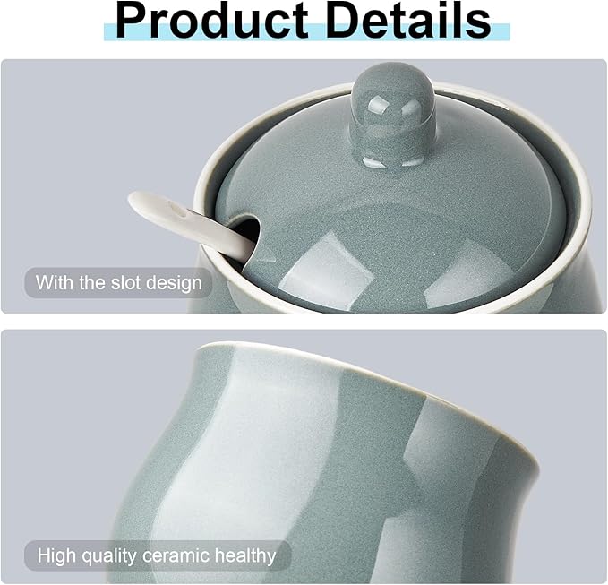 12 OZ Ceramic Sugar and Creamer Set, Coffee Serving Set, 3 Piece Cream Pitcher Sugar Bowl with Lid and Spoon (Gray)