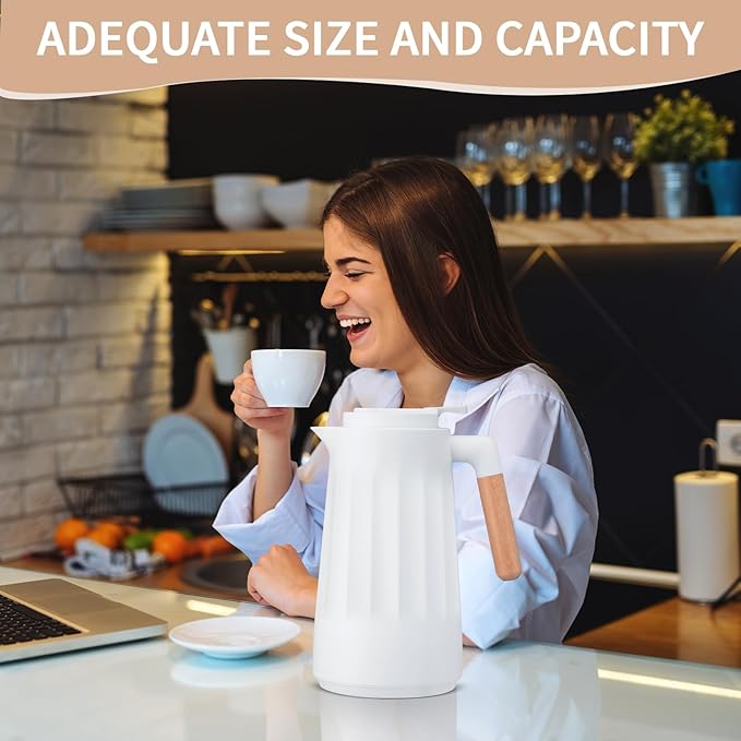2 Pcs 34 oz Thermal Coffee Carafe for Keeping Hot/Cold Double Wall Vacuum Carafe with Insulated Glass Liner and Wood Handle Coffee Pot Container for Drinks Milk Tea Chocolates(White)