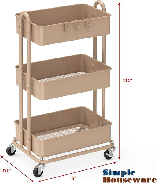 Simple Houseware 3-Tier Heavy Duty Metal Utility Rolling Cart, Khaki