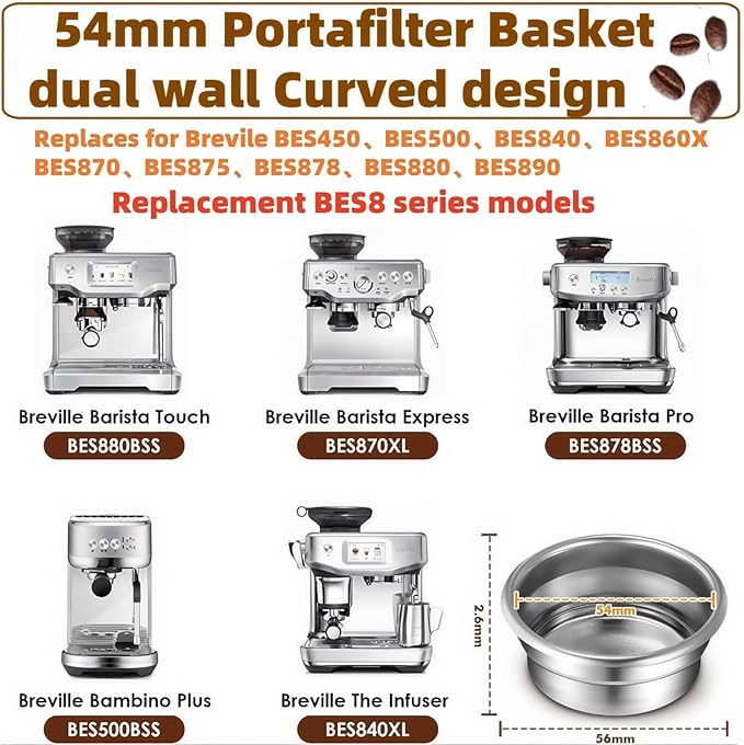 BES860XL Double Cup Dual Wall coffee Filter Basket compatible with Breville BES870/875/880/878/890/500/BES860XL Coffee Machine Pressurized Filter Basket basket Fits various Breville models
