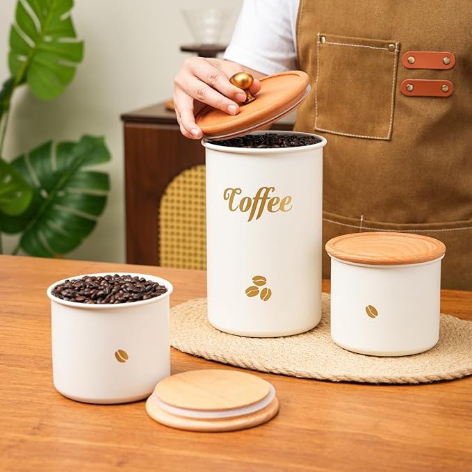 Coffee Canister, 3 pack 2 lb/12 oz/12 oz Large Airtight Coffee Bean Storage Container, Café Grounds Container, Cafe Jar Cafe Holder, Food Storage Container for Flour, Sugar, Tea (White)