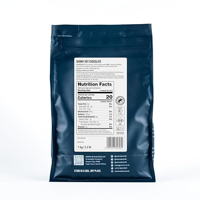 NOMU Skinny 60% Cocoa Hot Chocolate | 20 Calories only, Keto Diet Drink, Low GI, High Protein (2.2lb Bulk Bag)