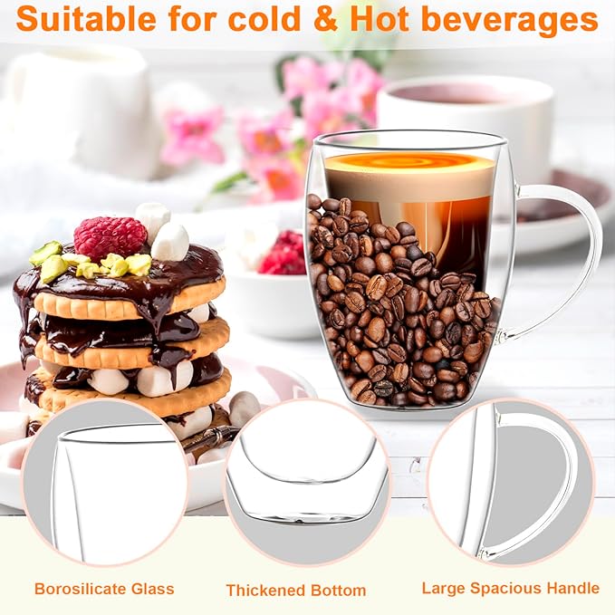 Glass Coffee Cup Mug - 16 Oz, Insulated Double Walled Coffee Cup with Beans, Large Clear Cute Iced Espresso Cappuccino Latte Tea Cup with Handle, Heat Resistant For Hot Drinks Beverage Liquor Shots