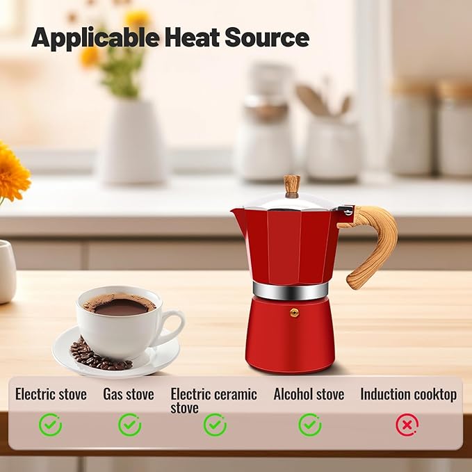 Vaolvpant 3 Cup Aluminum Moka Pot Classic Stovetop Espresso Coffee Maker 150ml 5oz Coffeemaker Percolator Mocha Pot Greca Coffee Maker Cafe Makers for Italian and Cuban Café Brewing Red