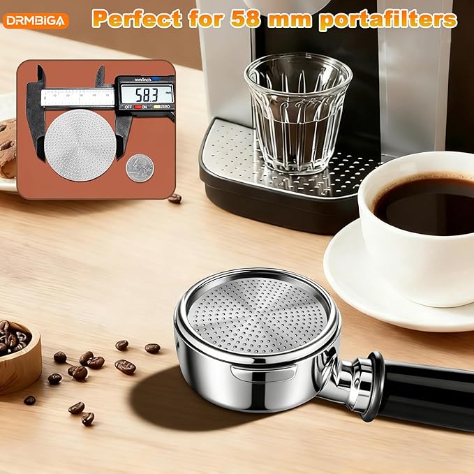 DRMBIGA Professional Espresso Puck Screen 58.3mm 2 Pack - Premium 3rd Gen Dual-Layer Flow Control Coffee Filter, Precision-Engineered Stainless Steel Portafilter Screen for Perfect 58mm Basket Fit