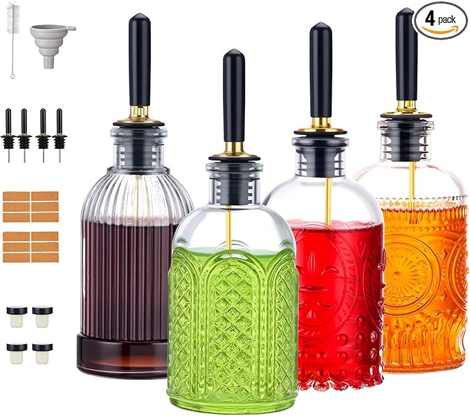 4-Pack Coffee Syrup Dispenser, 7 OZ/200ML Honey Dispenser, Small Syrup Bottles with Funnel & Extra Nozzles, Glass Syrup Dispenser for Coffee Shop, Home Kitchen