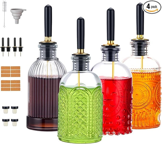 4-Pack Coffee Syrup Dispenser, 7 OZ/200ML Honey Dispenser, Small Syrup Bottles with Funnel & Extra Nozzles, Glass Syrup Dispenser for Coffee Shop, Home Kitchen