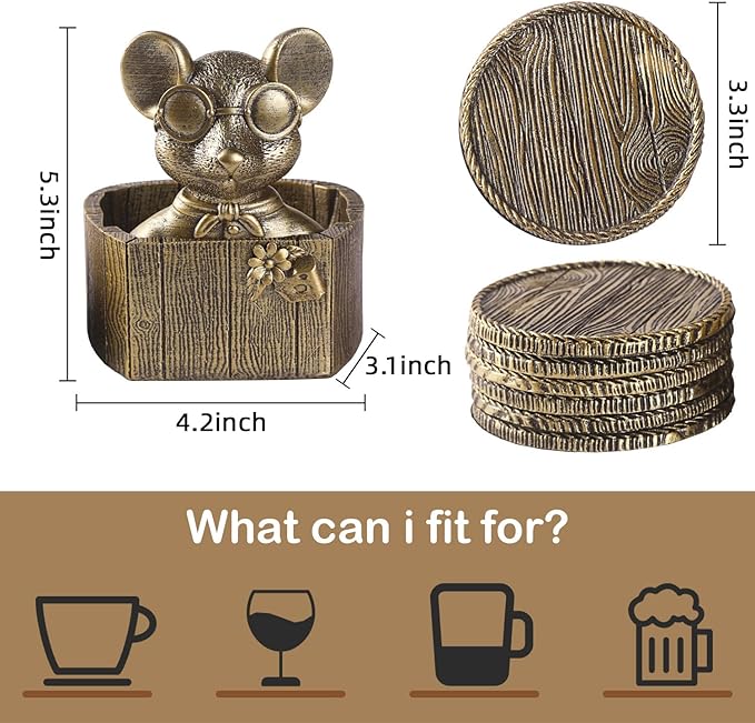 Cabin Coasters Set 6 Full Size Non-Slip Bar Coasters, Indoor Christmas Decorations, Man Cave Gifts for Men, Rustic Handmade Decor for The Home (Rat)