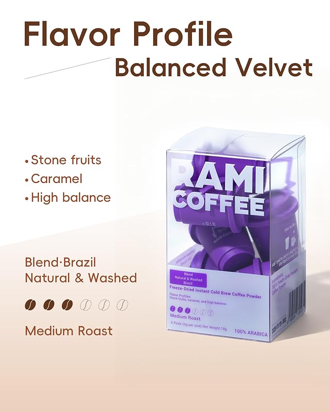 Rami Coffee Cold Brew Freeze Dried Instant Coffee Powder, Medium Roast 100% Arabica, 6 Portable Single Packets for Home Travel Backpacking Camping