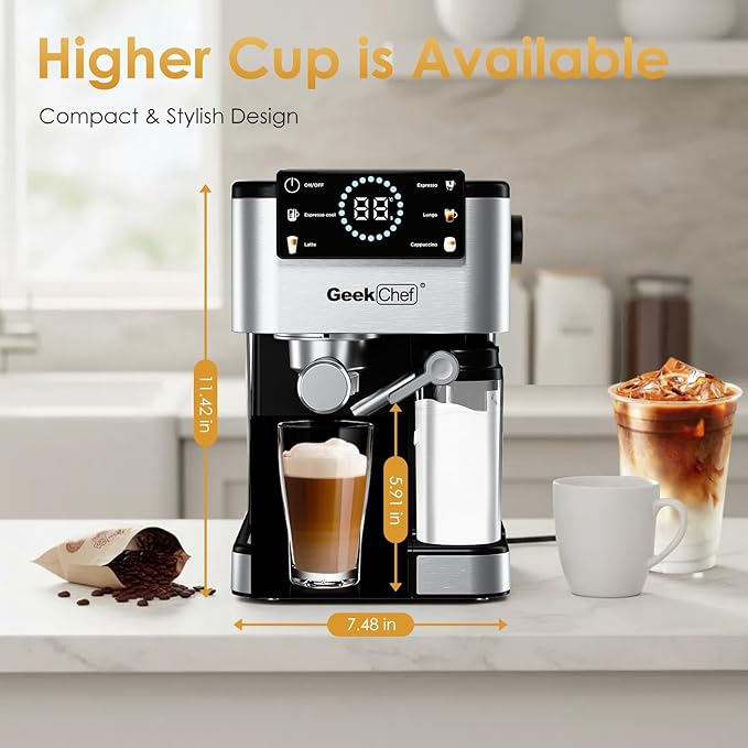 Geek Chef Espresso Machine with Automatic Milk Frother, 20 Bar Coffee & Espresso Maker, Cappuccino/Latte/Iced Coffee Machine, TouchScreen, ESE POD, Instant Heating for Home Barista