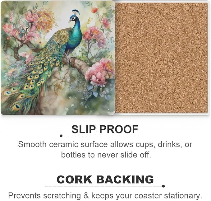 Peacock Drink Coasters, Square Ceramic Drink Coaster Square-6PCS, Vintage Watercolor Style Floral Beautiful Peacock Decor Absorbent Ceramic Coasters for Beverage Cup, Bar, Coffee Table