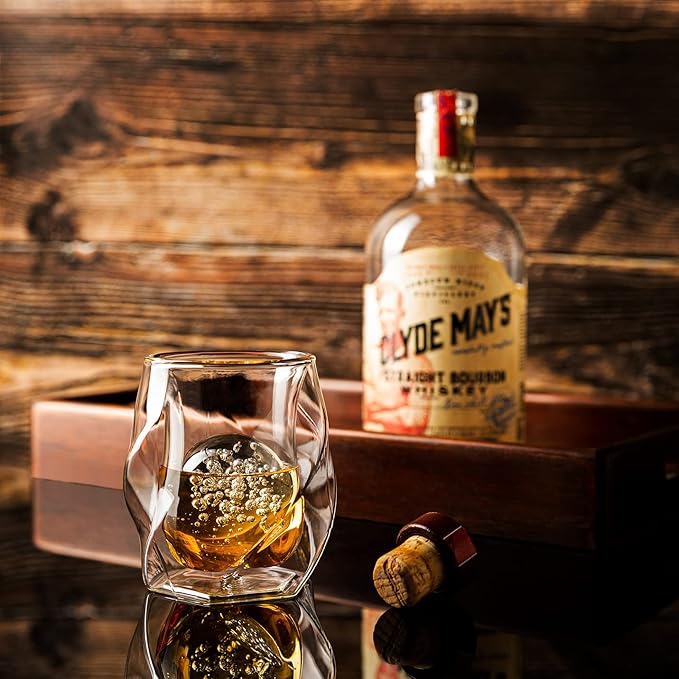 JAMES BENTLEY JB Whiskey Glasses – Double Wall, Hand Blown Borosilicate Glass, Enhances Aroma and Flavor, Premium Quality for Bourbon & Whiskey Tasting — Set of 2 Glasses with 2 Ice Ball Molds