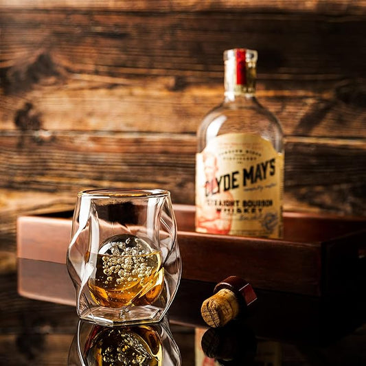 JAMES BENTLEY JB Whiskey Glasses – Double Wall, Hand Blown Borosilicate Glass, Enhances Aroma and Flavor, Premium Quality for Bourbon & Whiskey Tasting — Set of 2 Glasses with 2 Ice Ball Molds