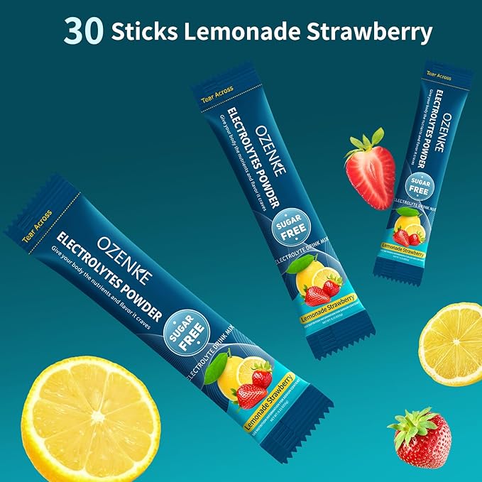 Electrolytes Powder Packets, 30 Sticks Hydration Packets Sugar Free, Electrolyte Drink Mix Portable Electrolyte Packet for Rapid Hydration, 0 Sugar & 0 Calorie, Lemon & Strawberry Flavor