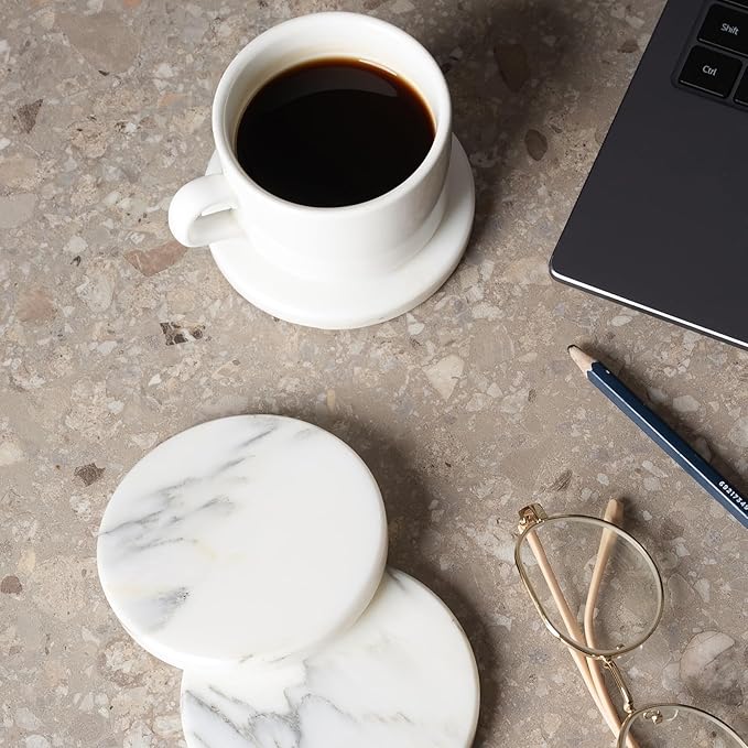 BCS Marble Coasters Set of 6 with Holder - Premium White Stone Drink Coasters, Durable Cup Mats for Coffee, Beer, Wine - Non-Slip Modern Table Decor for Home, Office, Dining