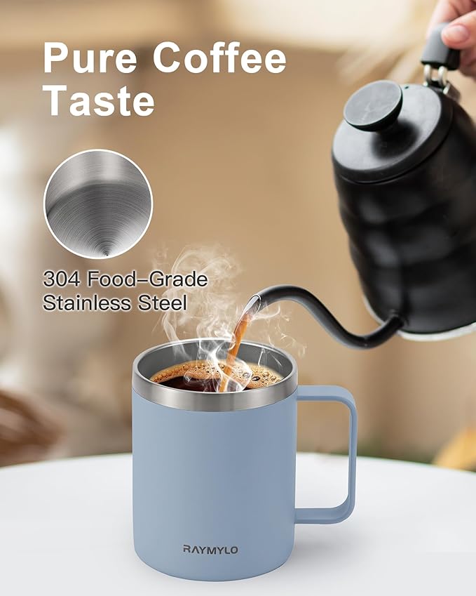 Insulated Coffee Mug 12 oz, Double Wall Stainless Steel Coffee Mug with Lids, Leak-Proof & Detachable Slider Lid for Thorough Clean, Keeps Coffee Cold for 9 Hrs, Suitable for Camp Home Office