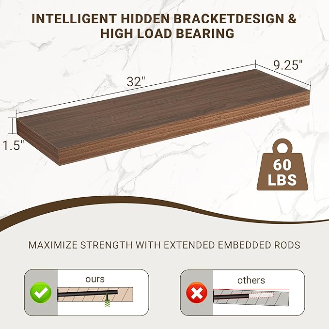 32 Inch Floating Shelves, 3D Textured Wood Grain, 32"x9.25"x1.5" Inch Deep Floating Shelves for Wall, Wooden Shelves for Bathroom, Bedroom, Living Room, Walnut, 2 Pieces