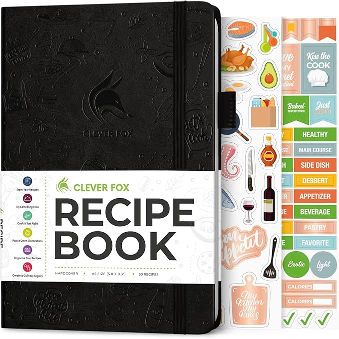 Clever Fox Recipe Book – Blank Family Cookbook – Empty Cooking Journal – Notebook Organizer to Write In Recipes – Medium, A5 (Black)