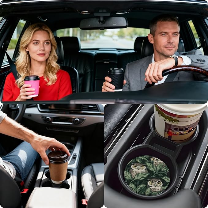 Car Cup Holder Coasters, 2 Pcs Ceramic Coasters with Finger Slot and Cork Back, Anti-Slip Shock Absorbing Women and Men Universal Car Accessories - Green Leaf Owl