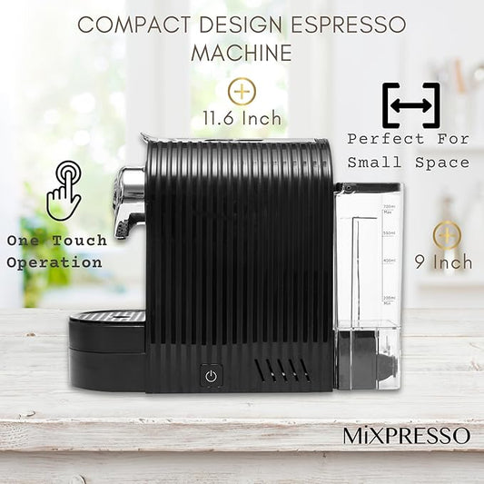 Mixpresso Black Espresso Coffee Machine – Compact 1400W Single Serve Coffee Maker Compatible with Nespresso OriginalLine Capsules, One-Touch Operation, 19-Bar Italian Pump, 27oz Water Tank
