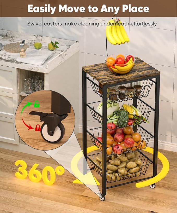 Fruit Vegetable Storage Cart for Kitchen, 5-Tier Vegetable Stand Rack with Pull-Out Fruit Baskets, Rolling Snack Cart with Wood Top & Banana Holder for Pantry, Living Room, Bathroom, Black