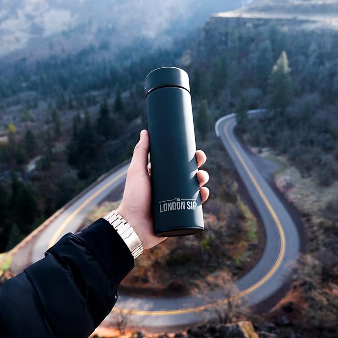 London Sip Multi-Purpose Travel Mug and Tumbler Fruit Infused Flask Hot and Cold Double Wall Stainless Steel Thermos with Extra-Long Infuser, Midnight Teal, Pack of 2